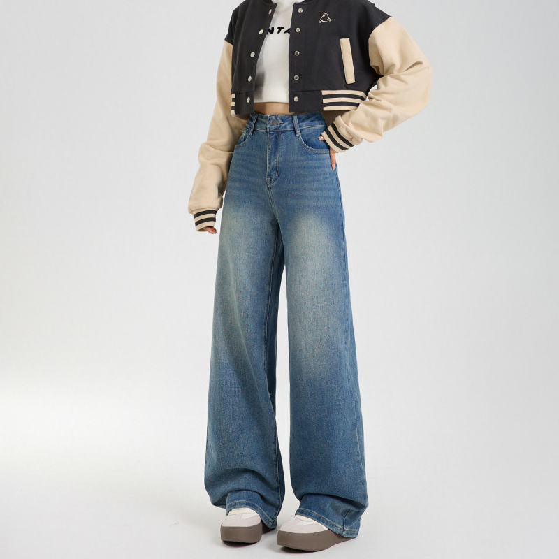 Τζιν με υψηλή μέση, ευρεία γραμμή ποδιών, μήκος μέχρι το πάτωμα, denim, βαμβάκι