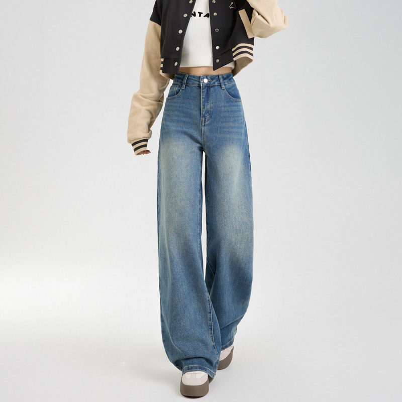 Τζιν με υψηλή μέση, ευρεία γραμμή ποδιών, μήκος μέχρι το πάτωμα, denim, βαμβάκι