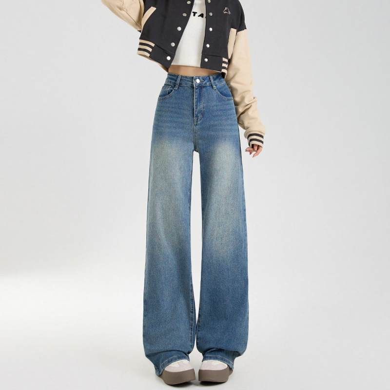 Τζιν με υψηλή μέση, ευρεία γραμμή ποδιών, μήκος μέχρι το πάτωμα, denim, βαμβάκι