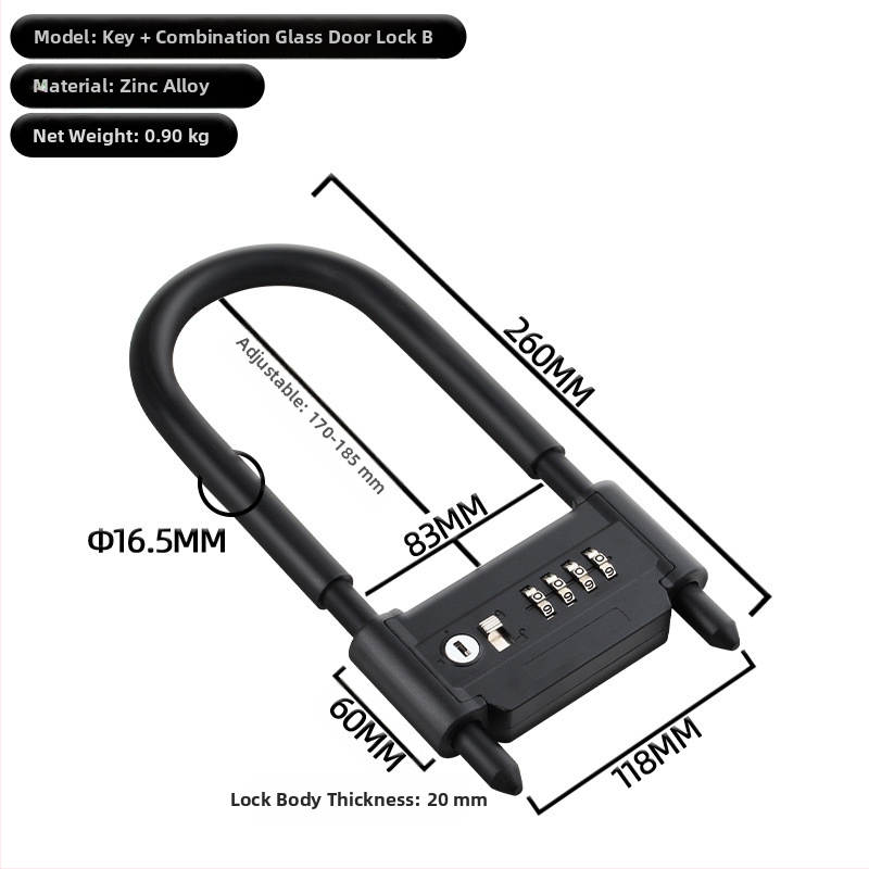 Anbond Zámok tvaru U so zámkom pre sklenené a posuvné dvere, model L-ks01, materiál: železo, zinok, PVC kožený obal, proti krádeži