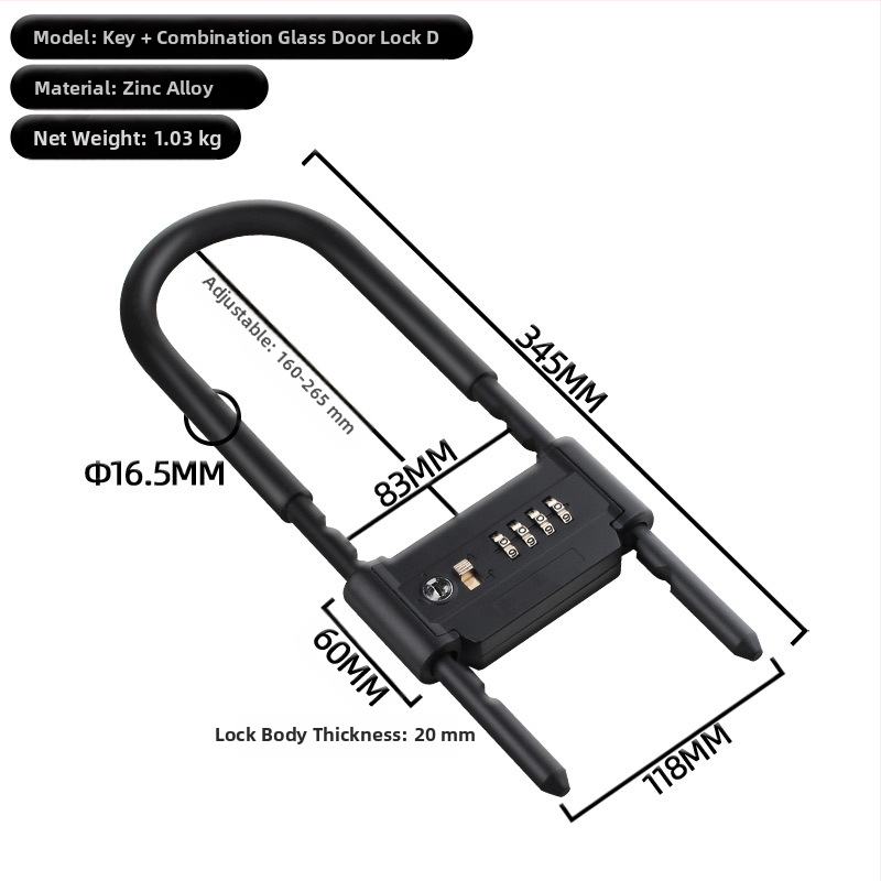 Anbond Zámok tvaru U so zámkom pre sklenené a posuvné dvere, model L-ks01, materiál: železo, zinok, PVC kožený obal, proti krádeži