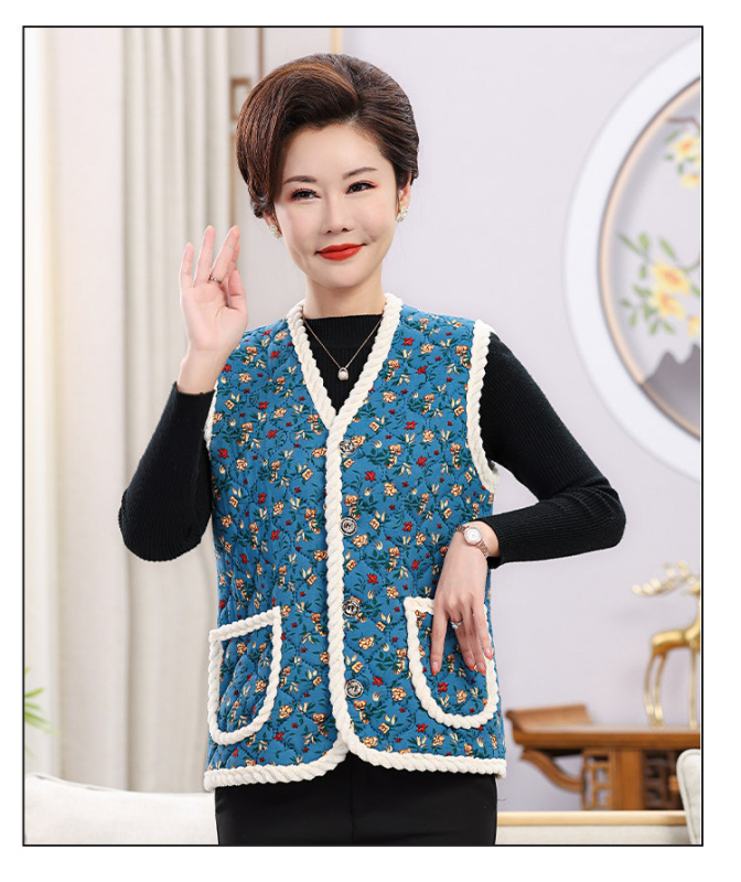 Vesta din bumbac amestec cu broderie, decolteu în V, lungime standardă 50–65 cm, croială în A-line