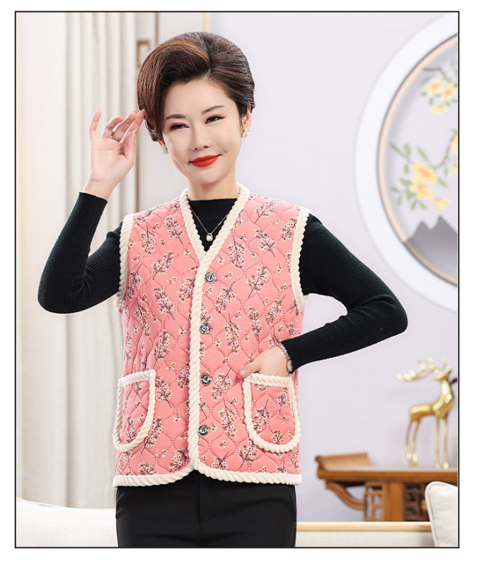 Vesta din bumbac amestec cu broderie, decolteu în V, lungime standardă 50–65 cm, croială în A-line