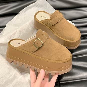 Дамски сандали-сланки с дебел под, горна част от две слоя кожа, вътрешност от микрофибър, подметка ТПР, кръгъл нос, ежедневен стил, есен 2024