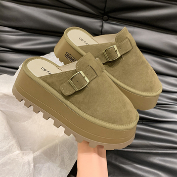 Дамски сандали-сланки с дебел под, горна част от две слоя кожа, вътрешност от микрофибър, подметка ТПР, кръгъл нос, ежедневен стил, есен 2024