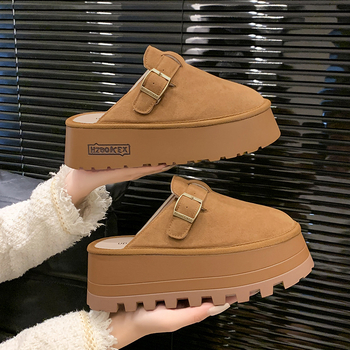 Дамски сандали-сланки с дебел под, горна част от две слоя кожа, вътрешност от микрофибър, подметка ТПР, кръгъл нос, ежедневен стил, есен 2024