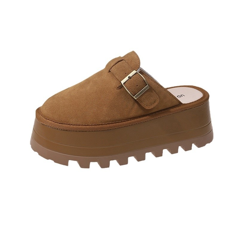 Дамски сандали-сланки с дебел под, горна част от две слоя кожа, вътрешност от микрофибър, подметка ТПР, кръгъл нос, ежедневен стил, есен 2024