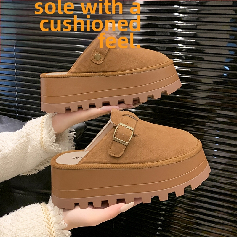 Дамски сандали-сланки с дебел под, горна част от две слоя кожа, вътрешност от микрофибър, подметка ТПР, кръгъл нос, ежедневен стил, есен 2024