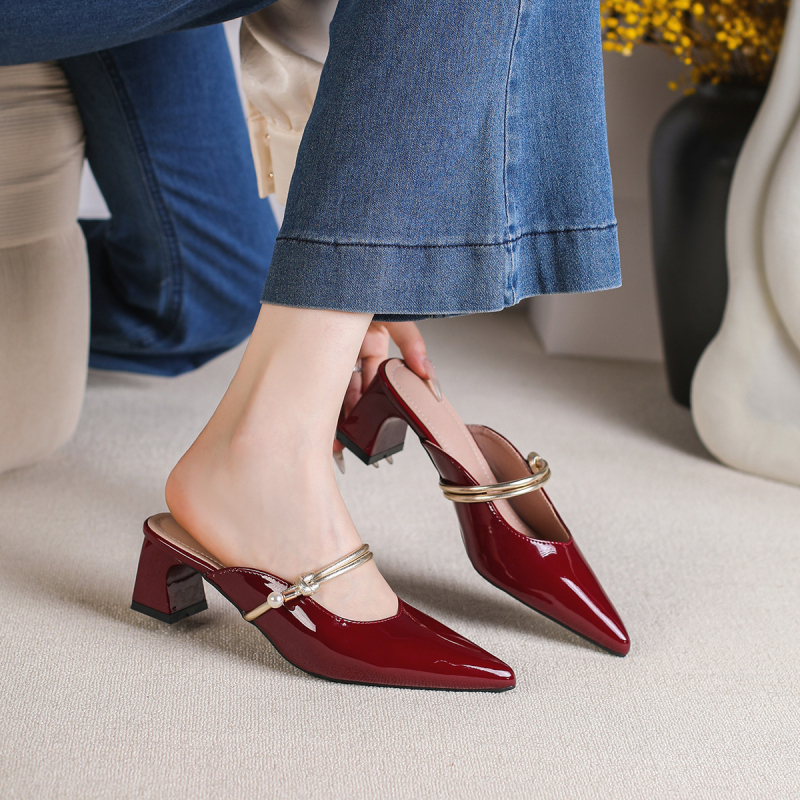 Френски стил сандали на висок ток със квадратен нос и дебел ток, височина на тока 3-6 см, горен материал: супер влакна.