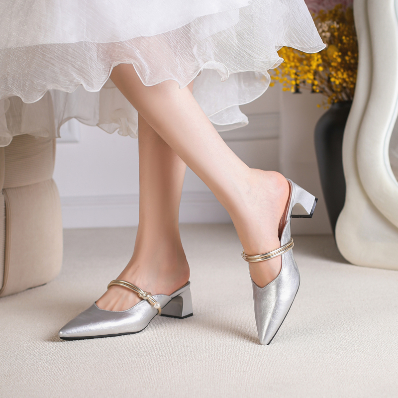 Френски стил сандали на висок ток със квадратен нос и дебел ток, височина на тока 3-6 см, горен материал: супер влакна.