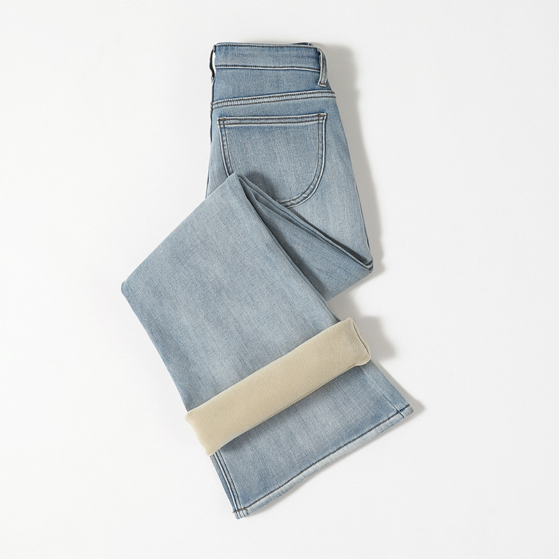 Τζιν από ντένιμ με φ्लीς επένδυση, χαμηλής ζώνη, γραμμή bootcut, μικροελαστικότητα, παχύ ύφασμα