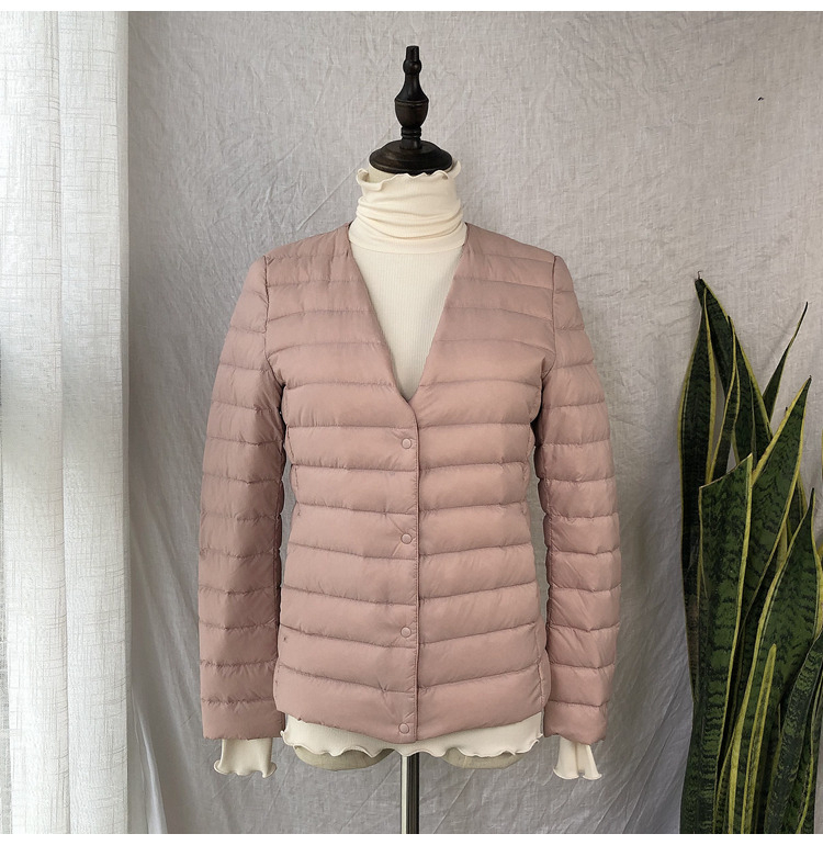 Dámska nylonová bunda s perím z bielej kačice, štíhly strih, 86–90% výplň, okrúhly golier