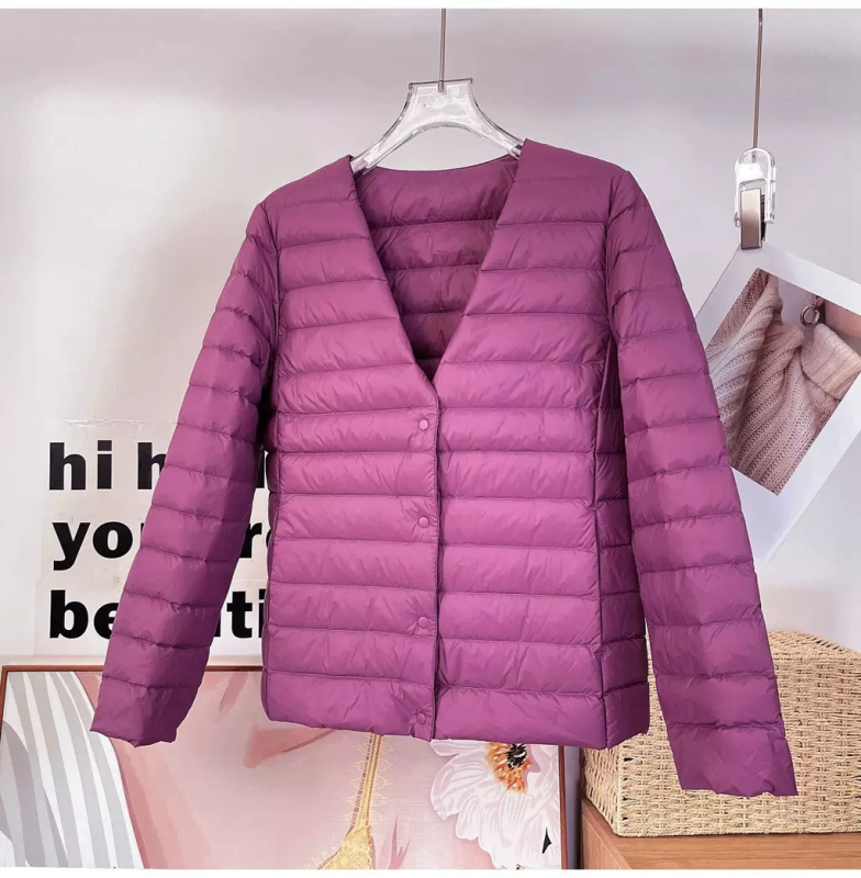 Dámska nylonová bunda s perím z bielej kačice, štíhly strih, 86–90% výplň, okrúhly golier