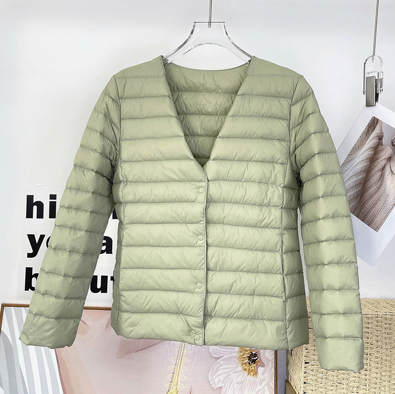 Dámska nylonová bunda s perím z bielej kačice, štíhly strih, 86–90% výplň, okrúhly golier