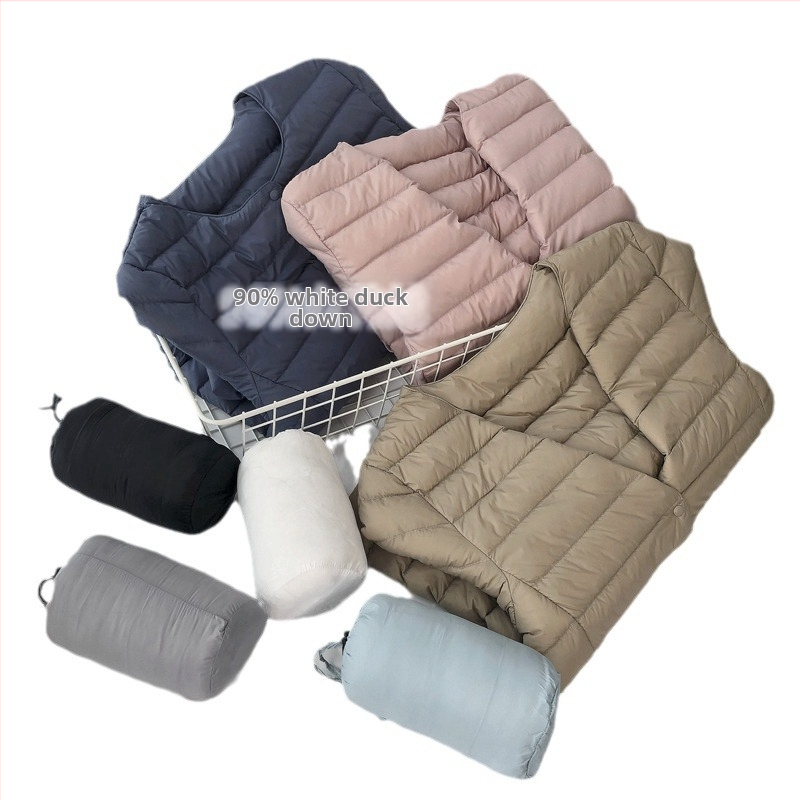 Dámska nylonová bunda s perím z bielej kačice, štíhly strih, 86–90% výplň, okrúhly golier