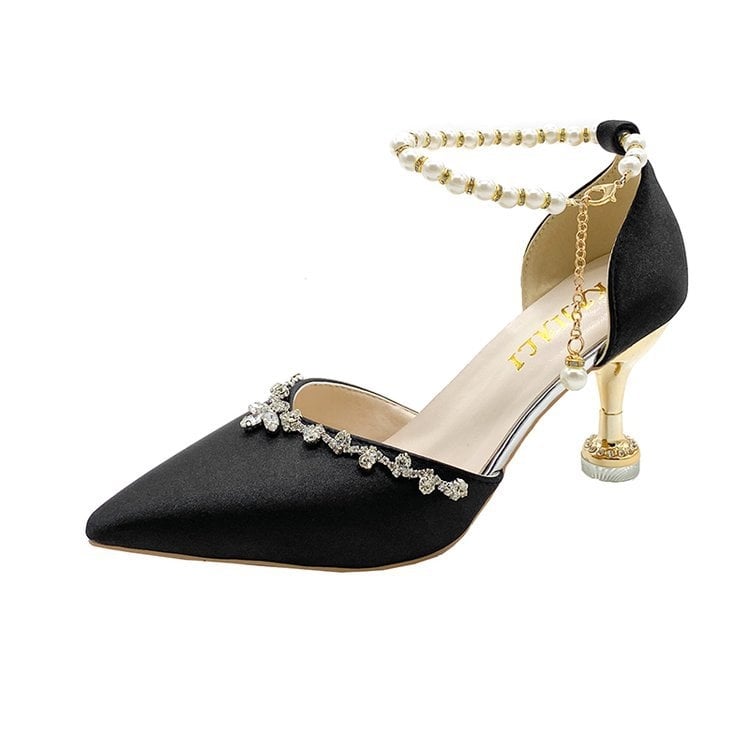 Дамски сандали с презрамки на тънък ток, остър нос, ток 6–8 cm, закопчване с една лента, горна/вътрешна част: супер влакна, гумена подметка, 2025 лято