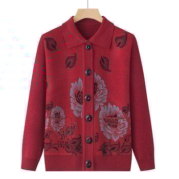 Dámsky kardigán starších žien - jeseno-zimný hrubý pletený, voľný strih, dlhé rukávy, kruhový golier, polyester