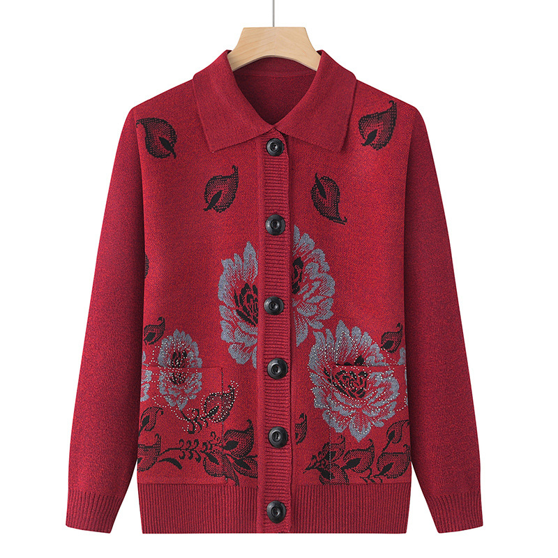 Dámsky kardigán starších žien - jeseno-zimný hrubý pletený, voľný strih, dlhé rukávy, kruhový golier, polyester