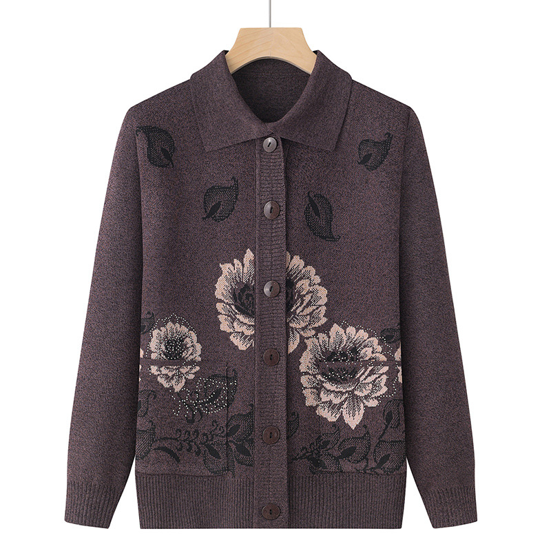 Dámsky kardigán starších žien - jeseno-zimný hrubý pletený, voľný strih, dlhé rukávy, kruhový golier, polyester