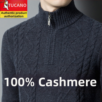 Férfiaknak készült kasmír keverék pulóver fél-zip gallérral, vastag kötött, lazán illeszkedik, gyapjú tartalom 86–90%