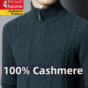 Férfiaknak készült kasmír keverék pulóver fél-zip gallérral, vastag kötött, lazán illeszkedik, gyapjú tartalom 86–90%