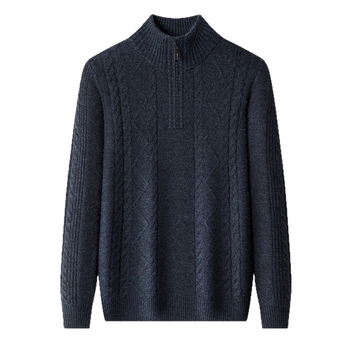 Férfiaknak készült kasmír keverék pulóver fél-zip gallérral, vastag kötött, lazán illeszkedik, gyapjú tartalom 86–90%