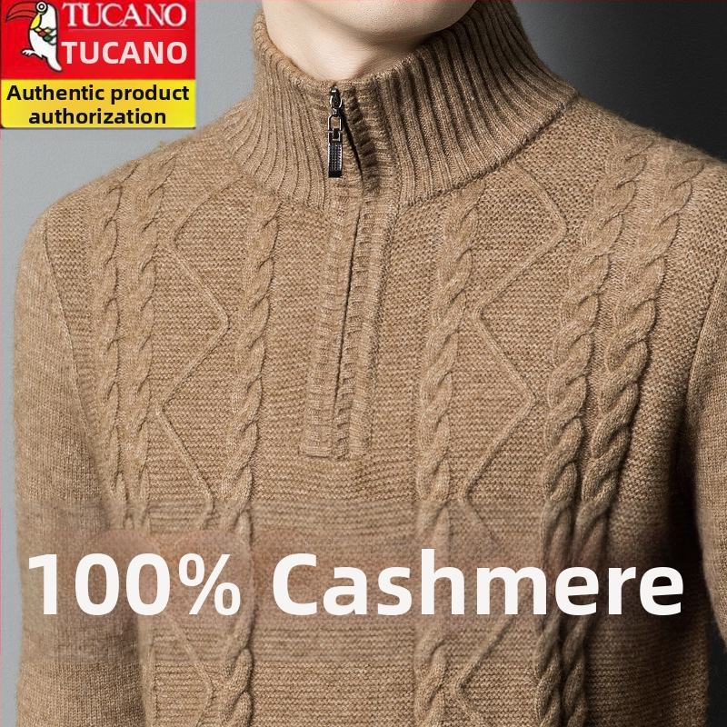 Pánsky sveter z kašmírového zmesi s polovičným zipsom a kruhovým výstrihom, hrubý úplet, voľný strih, obsah vlny 86–90%