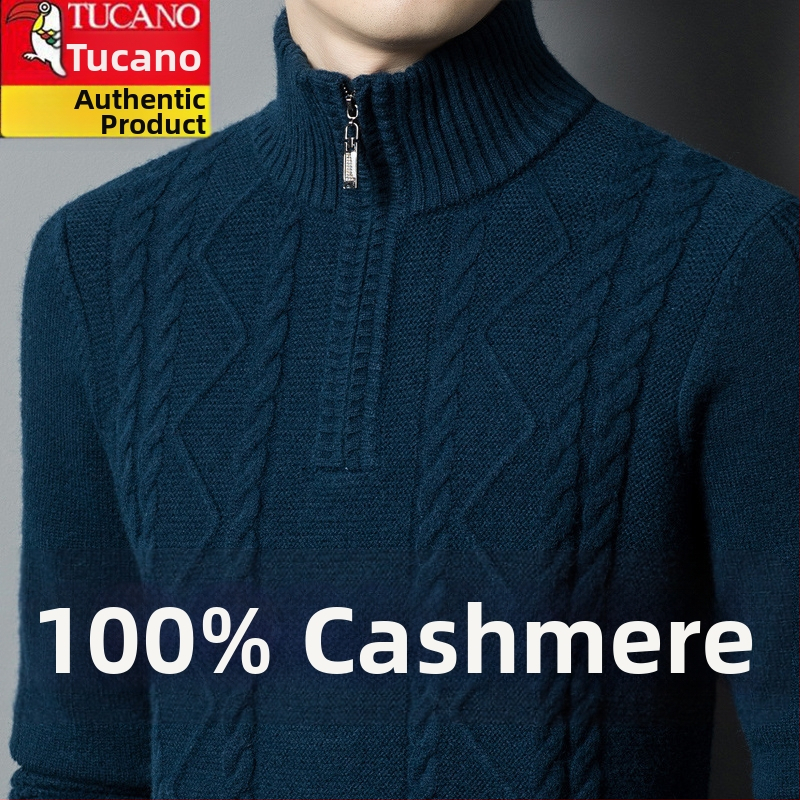 Pánsky sveter z kašmírového zmesi s polovičným zipsom a kruhovým výstrihom, hrubý úplet, voľný strih, obsah vlny 86–90%