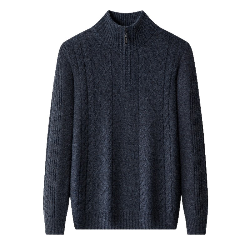 Férfiaknak készült kasmír keverék pulóver fél-zip gallérral, vastag kötött, lazán illeszkedik, gyapjú tartalom 86–90%