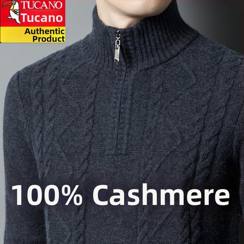 Férfiaknak készült kasmír keverék pulóver fél-zip gallérral, vastag kötött, lazán illeszkedik, gyapjú tartalom 86–90%