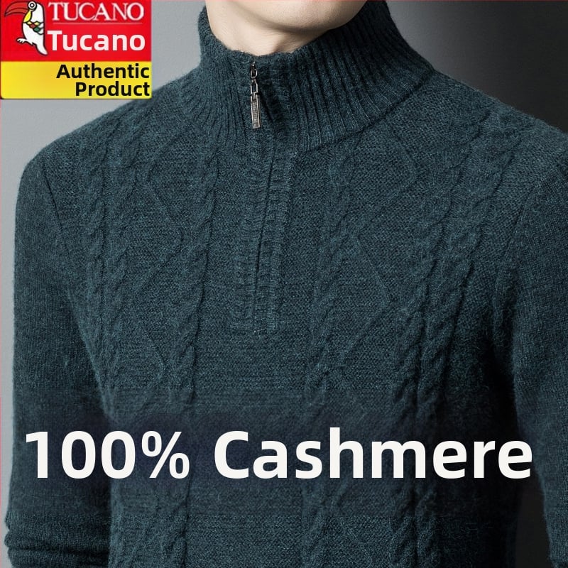 Férfiaknak készült kasmír keverék pulóver fél-zip gallérral, vastag kötött, lazán illeszkedik, gyapjú tartalom 86–90%