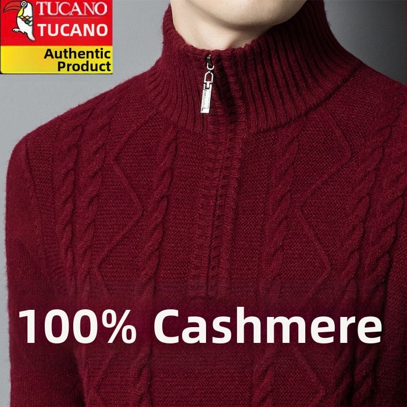 Férfiaknak készült kasmír keverék pulóver fél-zip gallérral, vastag kötött, lazán illeszkedik, gyapjú tartalom 86–90%