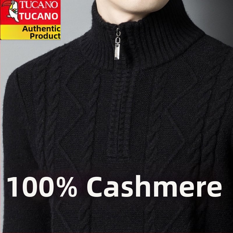 Férfiaknak készült kasmír keverék pulóver fél-zip gallérral, vastag kötött, lazán illeszkedik, gyapjú tartalom 86–90%