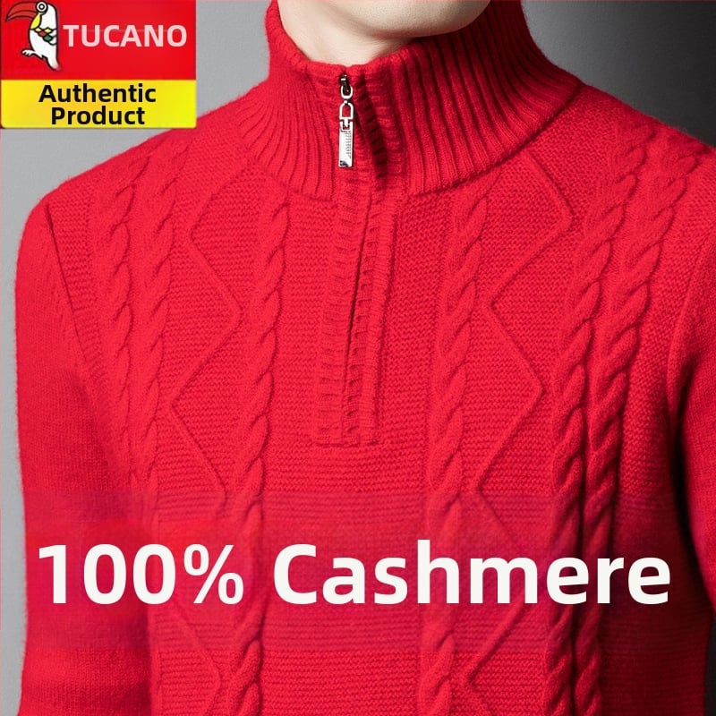 Férfiaknak készült kasmír keverék pulóver fél-zip gallérral, vastag kötött, lazán illeszkedik, gyapjú tartalom 86–90%