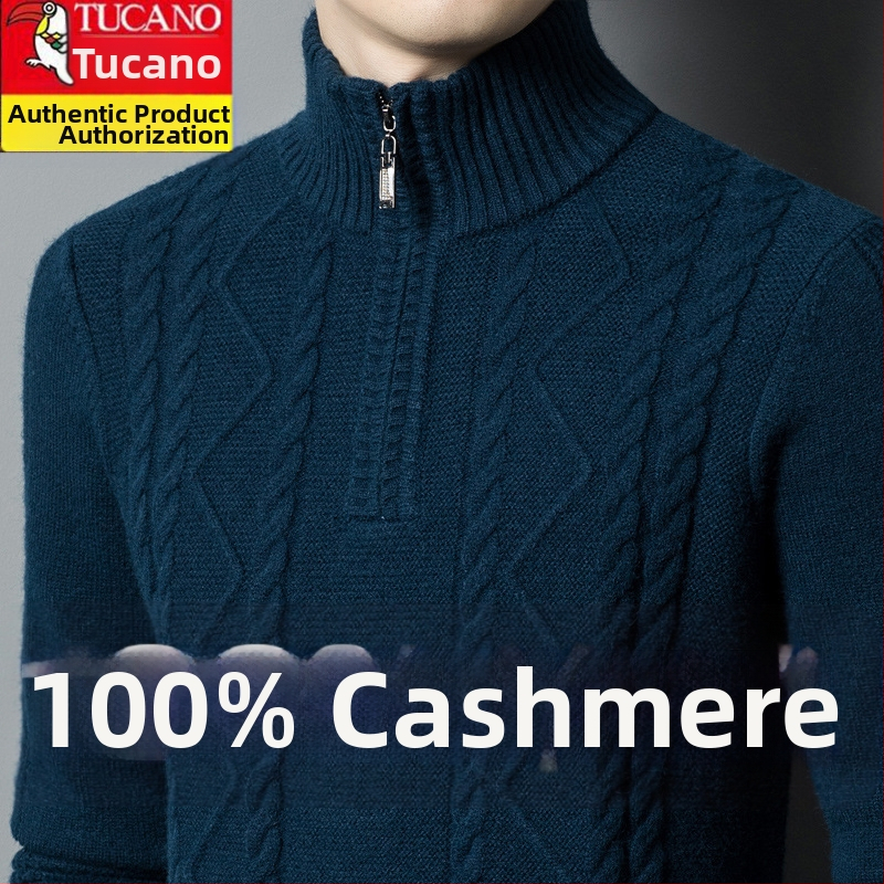 Férfiaknak készült kasmír keverék pulóver fél-zip gallérral, vastag kötött, lazán illeszkedik, gyapjú tartalom 86–90%