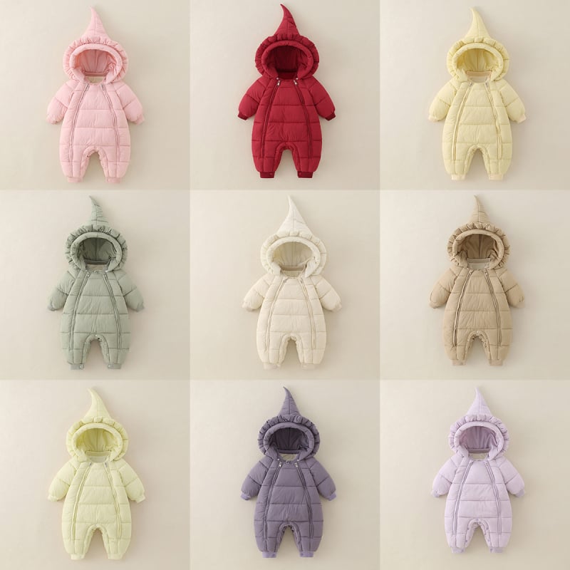Κορεατικού στυλ χειμερινή ολόσωμη φόρμα για βρέφη και νήπια, με παχύ πολυεστέρα και αποσπώμενη κουκούλα