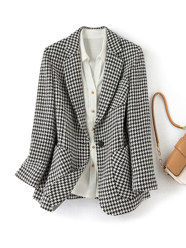 Γυναικείο κοστούμι με χαλαρή γραμμή, σακάκι με κολάρο, 3/4 μανίκια, ένα κουμπί, πολυεστέρας