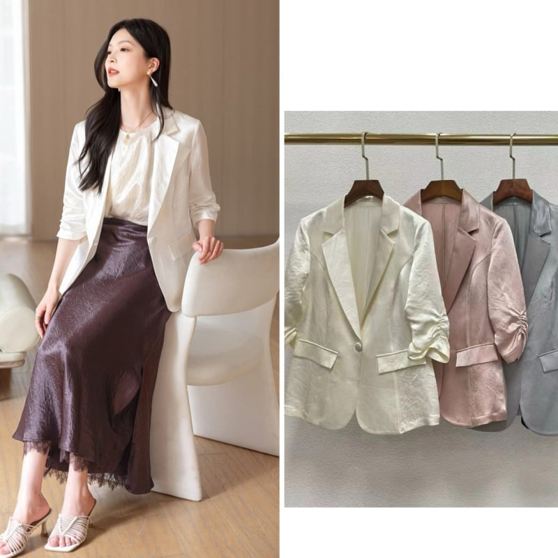 Γυναικείο κοστούμι με χαλαρή γραμμή, σακάκι με κολάρο, 3/4 μανίκια, ένα κουμπί, πολυεστέρας