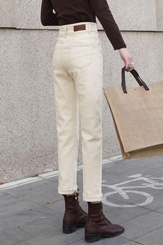 Pantaloni din denim cu căptușeală fleece, talie înaltă, croială dreaptă, lungi, denim gros