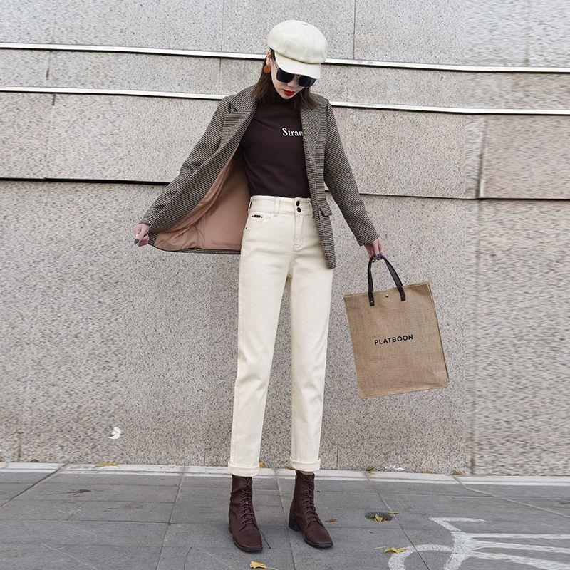 Pantaloni din denim cu căptușeală fleece, talie înaltă, croială dreaptă, lungi, denim gros