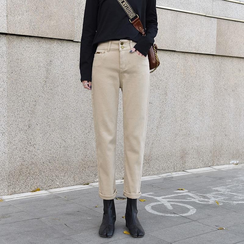 Pantaloni din denim cu căptușeală fleece, talie înaltă, croială dreaptă, lungi, denim gros