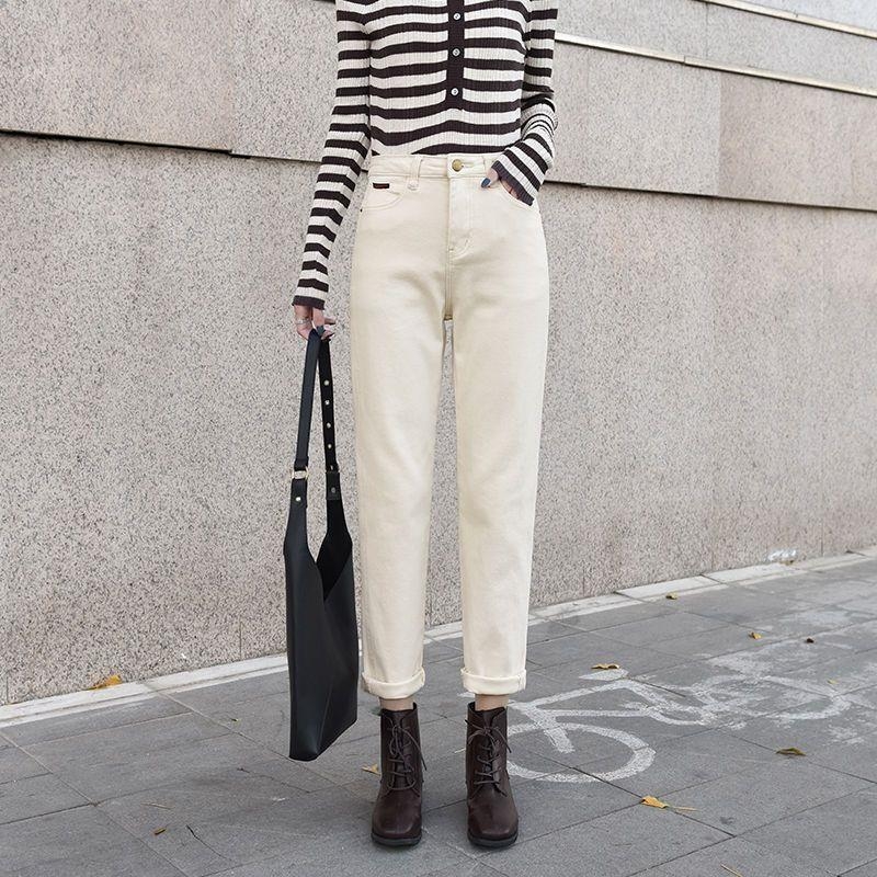 Pantaloni din denim cu căptușeală fleece, talie înaltă, croială dreaptă, lungi, denim gros