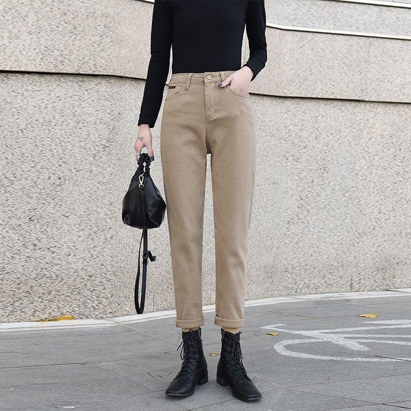 Pantaloni din denim cu căptușeală fleece, talie înaltă, croială dreaptă, lungi, denim gros