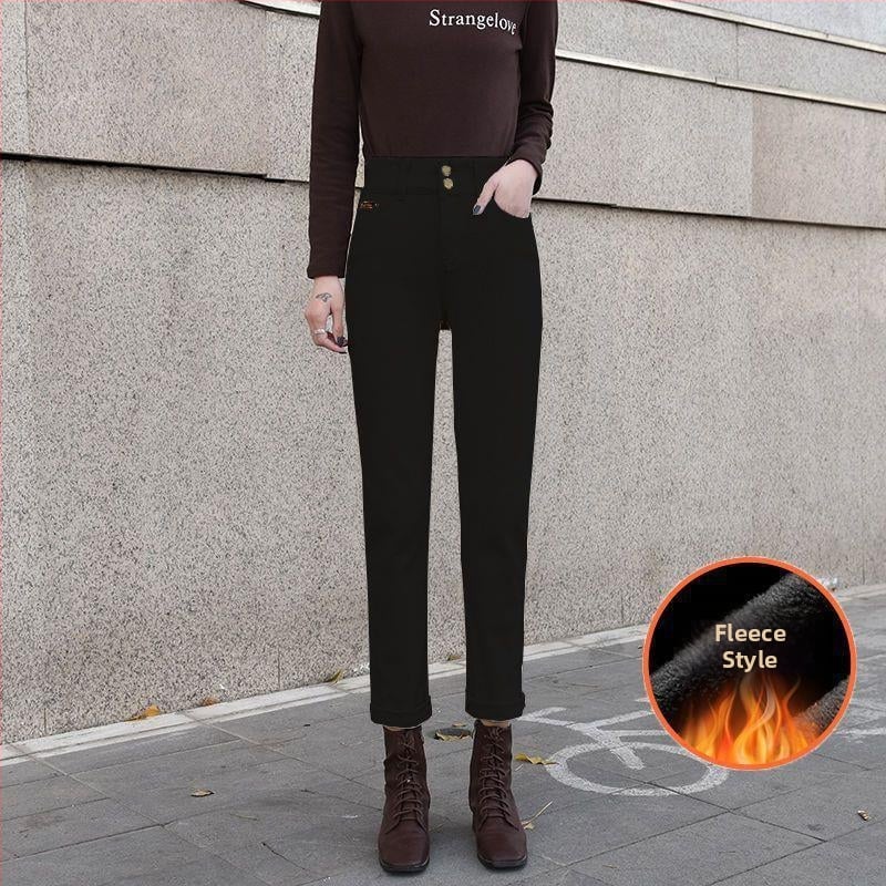 Pantaloni din denim cu căptușeală fleece, talie înaltă, croială dreaptă, lungi, denim gros