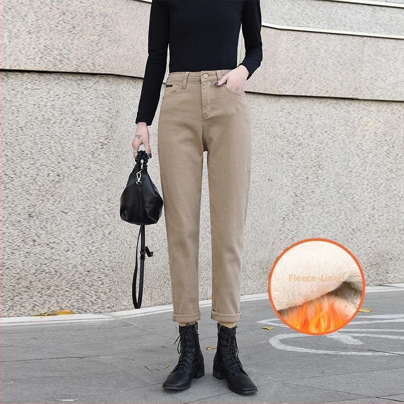 Pantaloni din denim cu căptușeală fleece, talie înaltă, croială dreaptă, lungi, denim gros