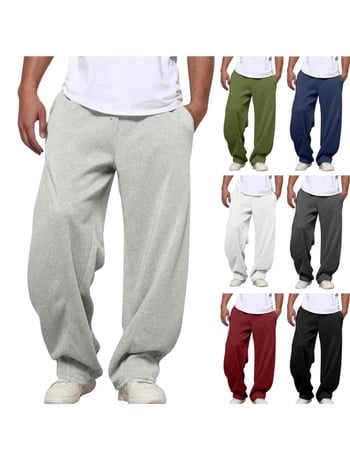 Pantaloni largi pentru bărbați, streetwear, talie medie, croială dreaptă, cu buzunare, țesătură poliesterică cu micro-elasticitate