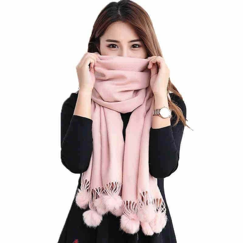 Šal od poliestera, warp-knit pletenje, korejskog stila lažni kašmir, resice i pomponi, dimenzije 70x200 cm, topao za zimu