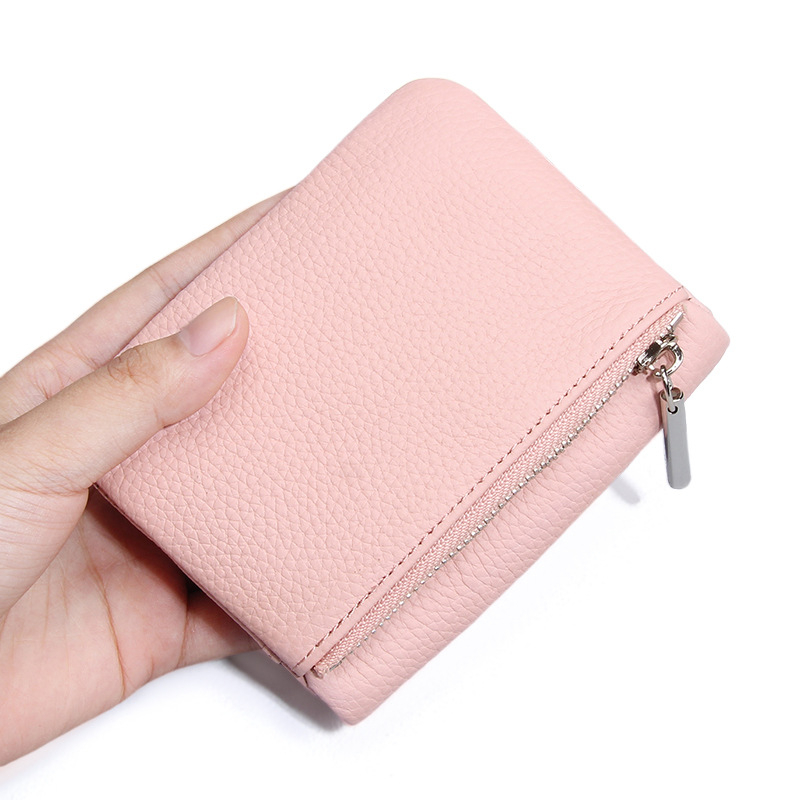 Portofel compact din piele de vită de prim strat, Unisex, fermoar subțire, suport pentru carduri și monede, pentru uz zilnic