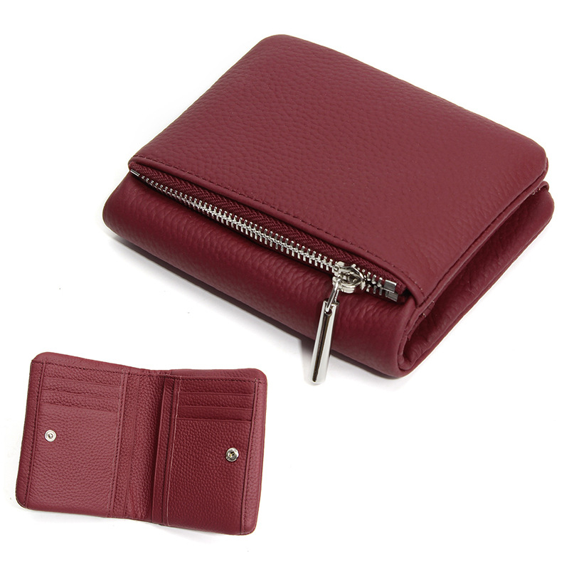 Portofel compact din piele de vită de prim strat, Unisex, fermoar subțire, suport pentru carduri și monede, pentru uz zilnic