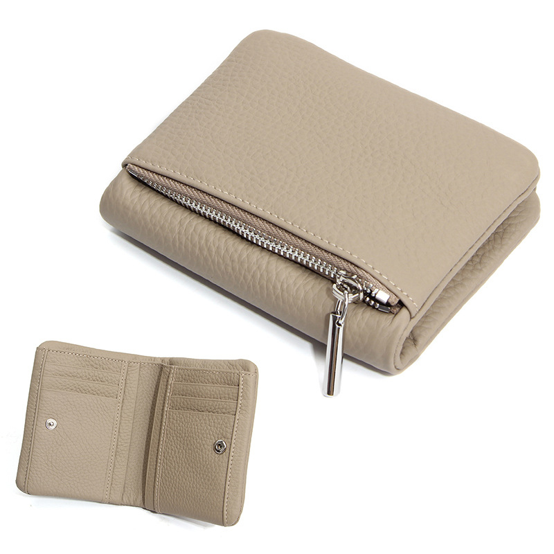 Portofel compact din piele de vită de prim strat, Unisex, fermoar subțire, suport pentru carduri și monede, pentru uz zilnic